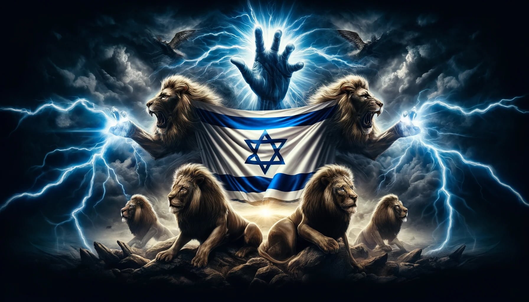 JPG DALL·E 2024 05 21 18.09.06 A dramatic and powerful horizontal illustration depicting the flag of Israel at the center. Surrounding the flag are majestic lions depicted in an in