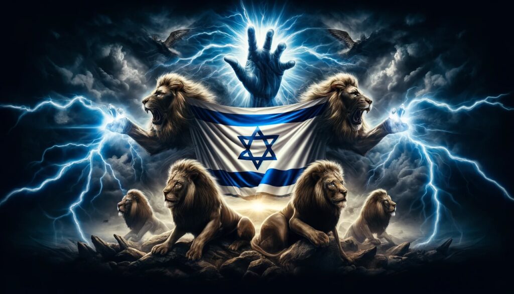 JPG DALL·E 2024 05 21 18.09.06 A dramatic and powerful horizontal illustration depicting the flag of Israel at the center. Surrounding the flag are majestic lions depicted in an in