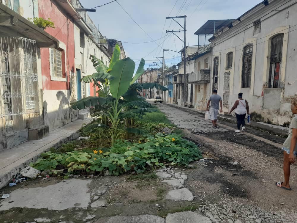 Calle desgastada con casas antiguas y personas caminando