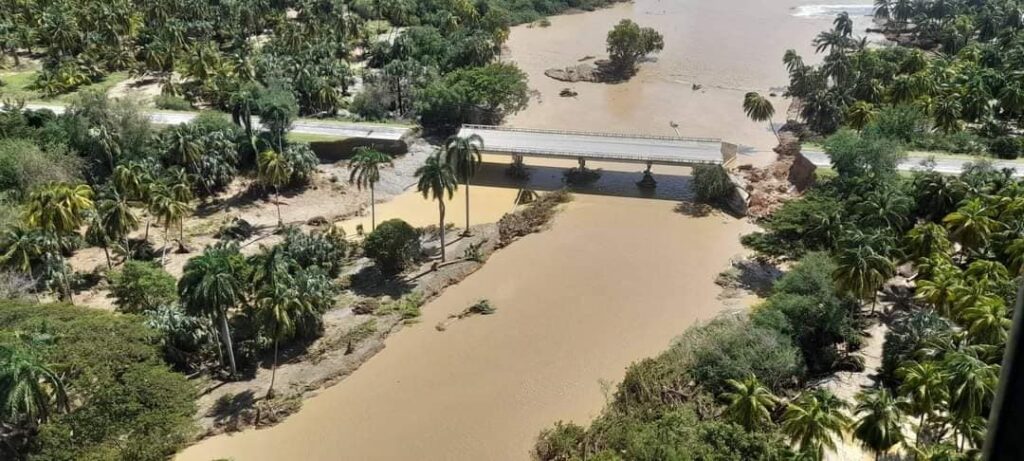 Río desbordado con puente afectado entre palmeras