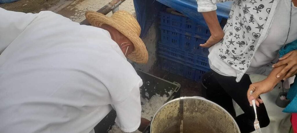 Persona trabajando con cubos y pescado en exterior
