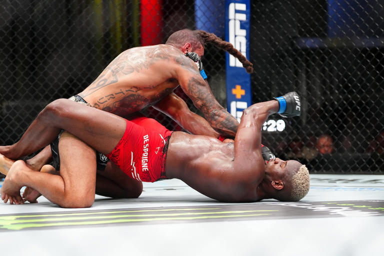 Luchadores de MMA en combate en jaula