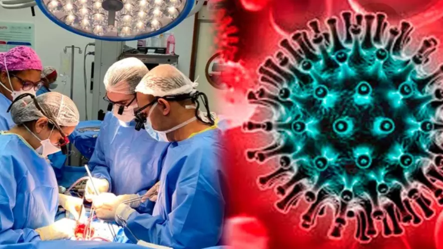 Equipo médico operando y representación gráfica de virus