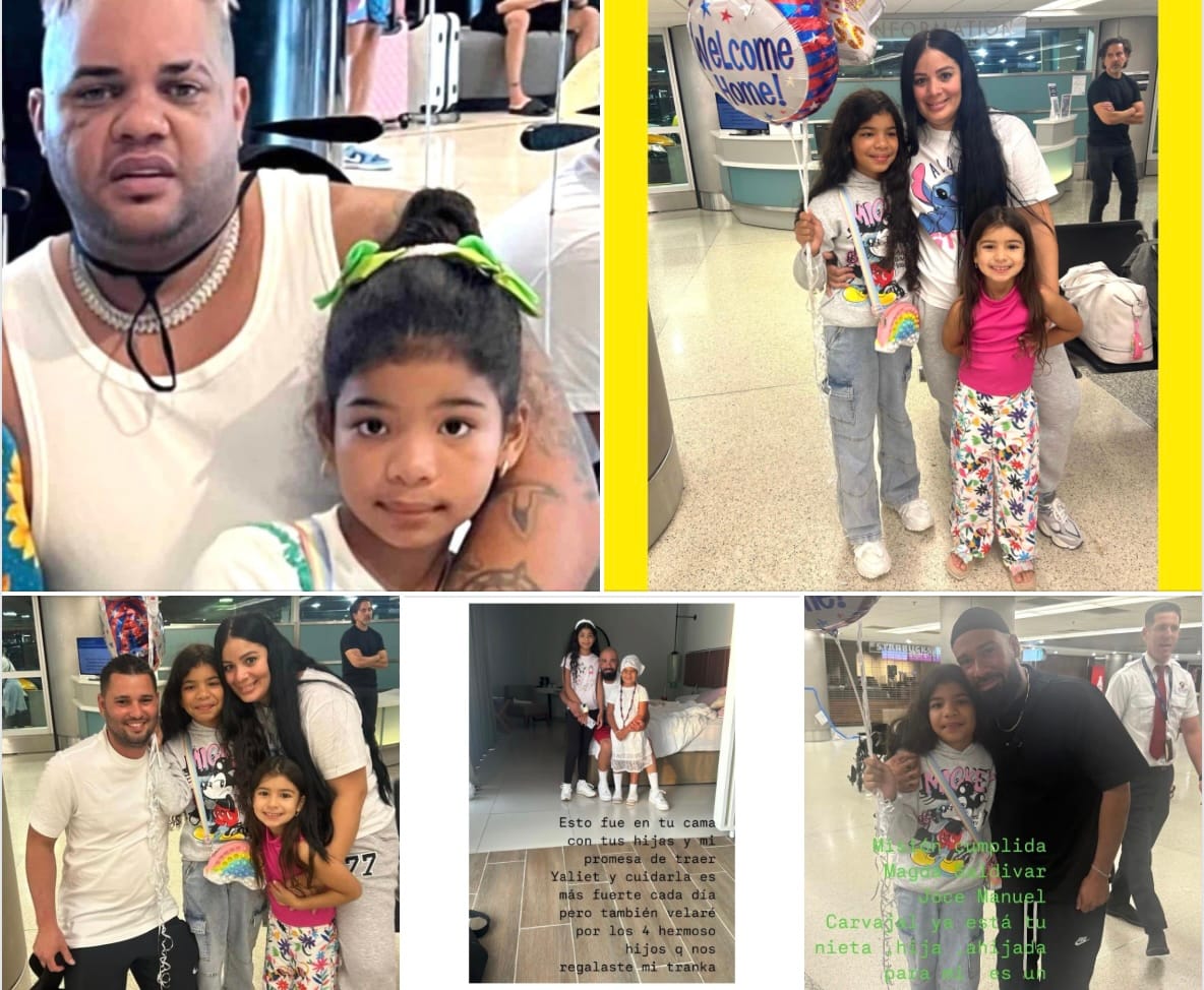 Familia reunida en diferentes momentos en el aeropuerto