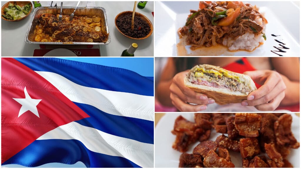 Collage de comida típica cubana y bandera de Cuba