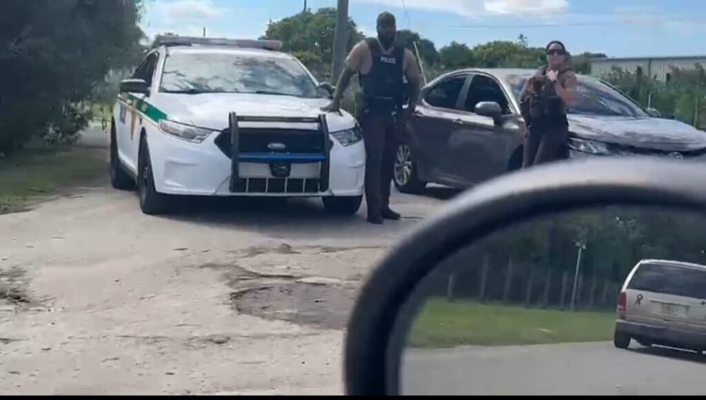 Policías parando auto en camino rural