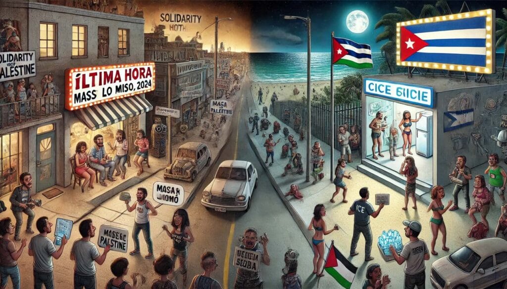 Ilustración urbana con personas y banderas internacionales