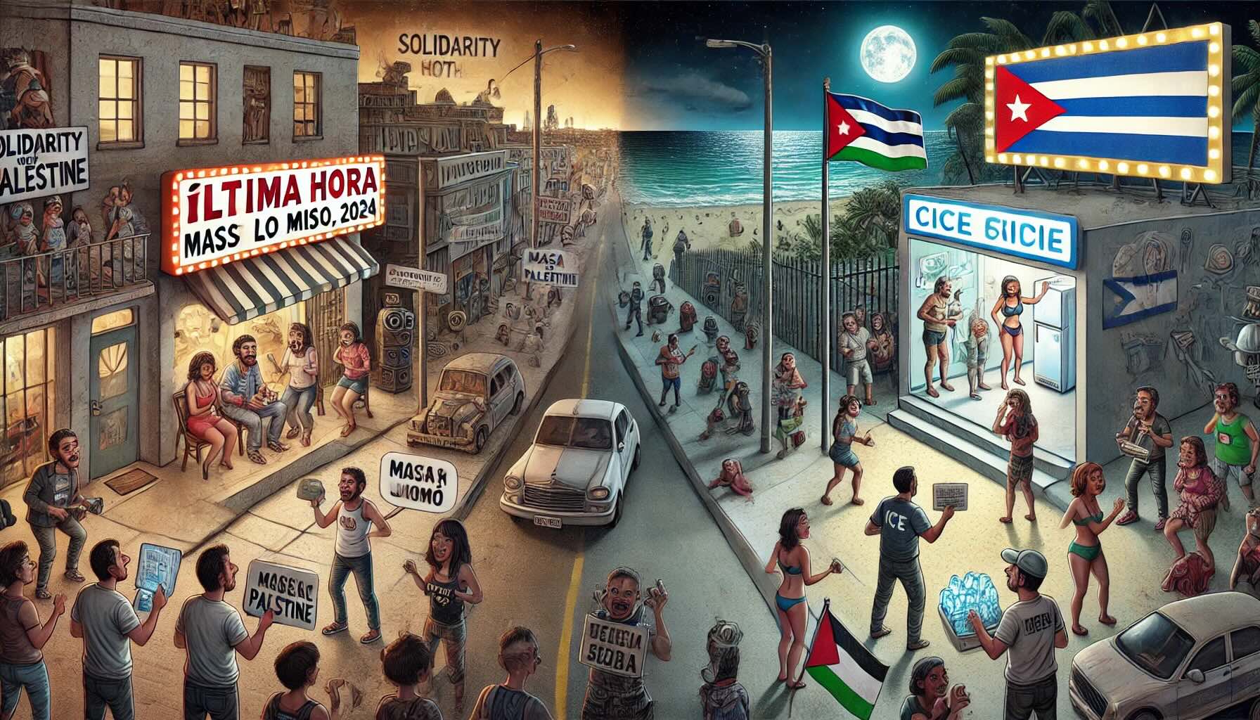 Ilustración urbana con personas y banderas internacionales