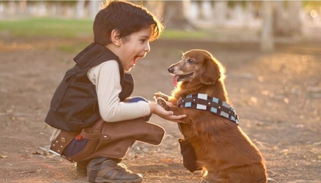 Niño sonriente jugando con perro en parque