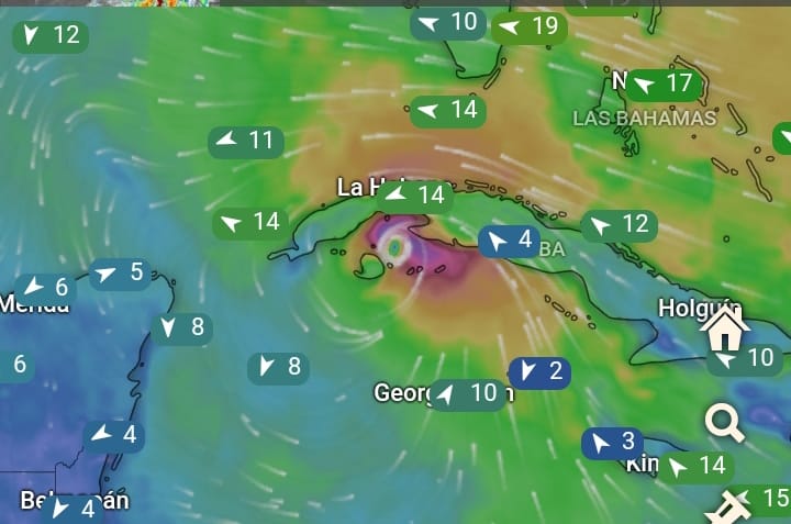 Mapa meteorológico mostrando tormenta en el Caribe
