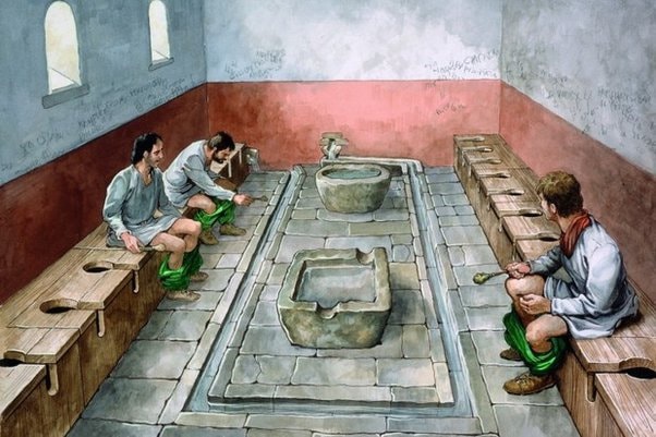 Ilustración de letrinas romanas públicas con personas sentadas