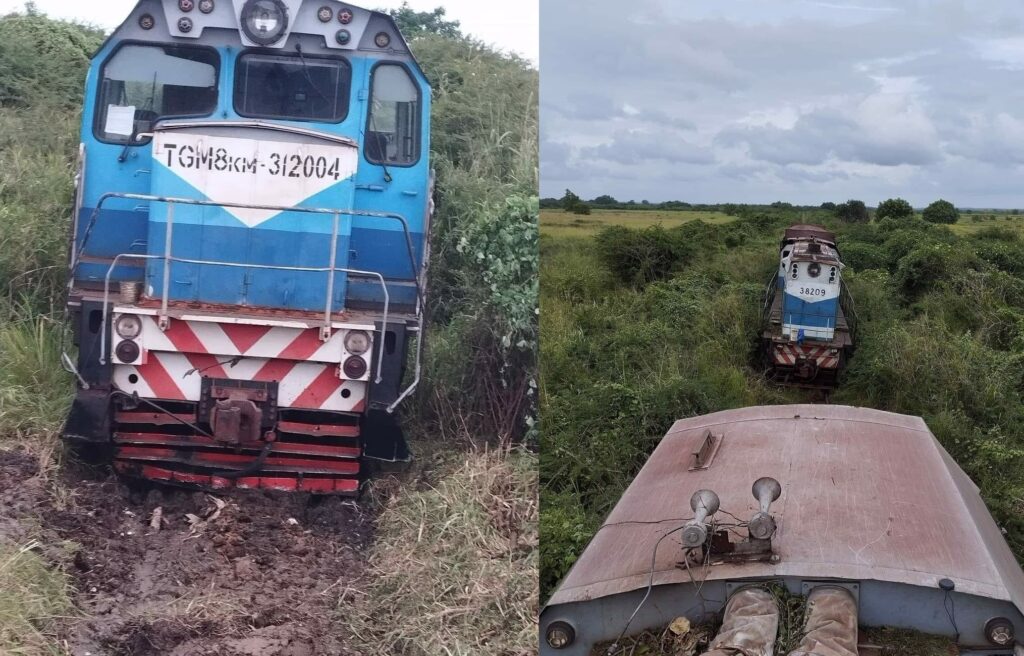Locomotoras abandonadas en campo verde
