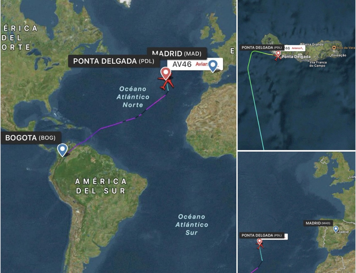 Mapa muestra ruta de vuelo Bogotá a Ponta Delgada