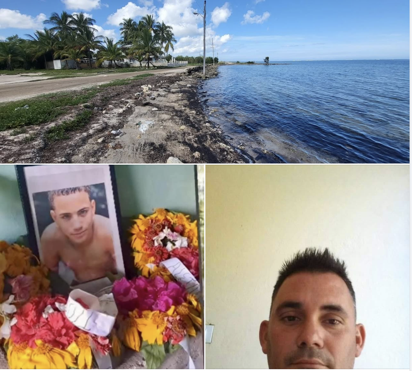Collage de paisaje costero, ofrenda floral y selfie hombre