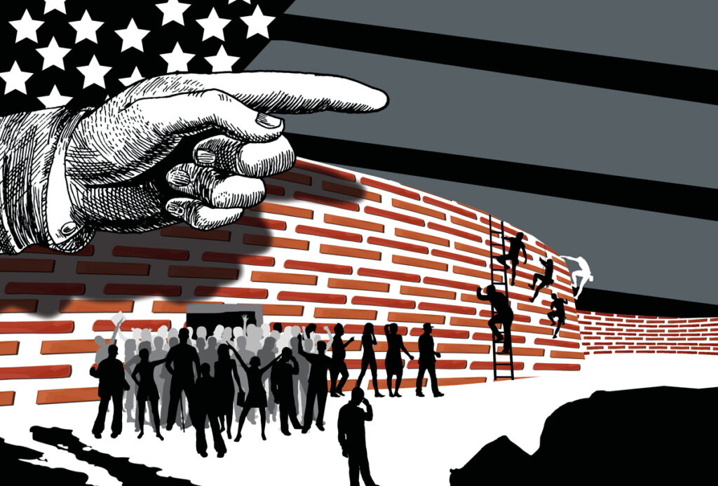 Ilustración de gente escalando muro ante bandera americana.