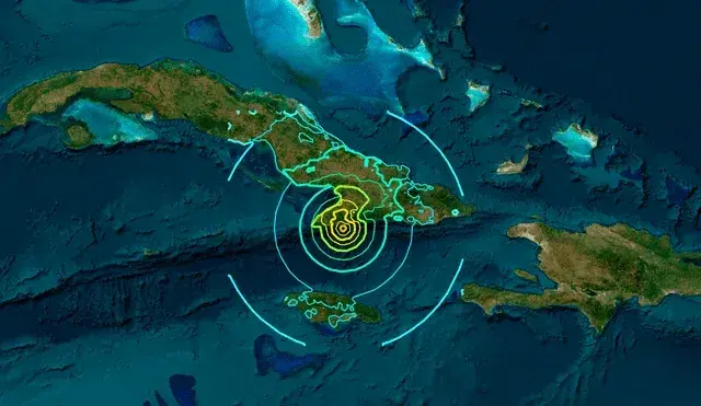 Mapa de sismo en Caribe con epicentro destacado
