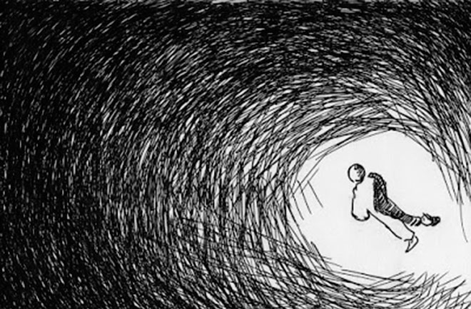 Persona flotando en túnel oscuro, ilustración minimalista