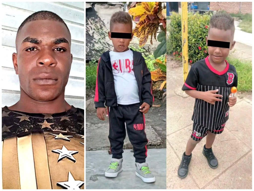 Hombre y dos niños en diferentes poses al aire libre