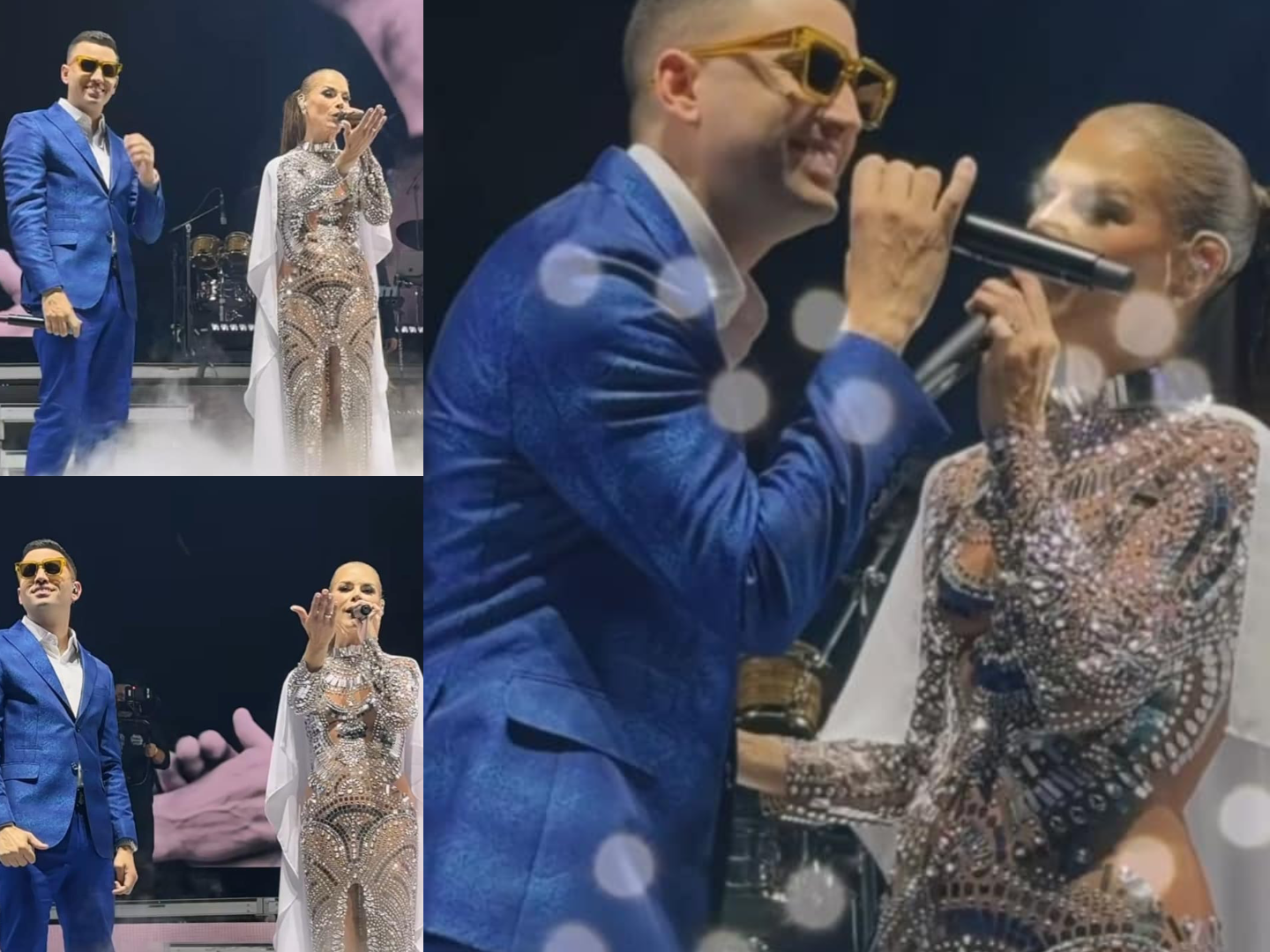 Dúo cantando en concierto, ella con traje brillante