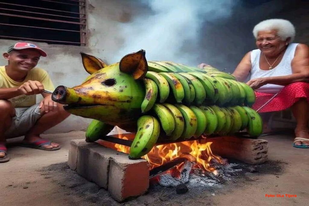 Cerdo escultura plátanos fuego, hombre y mujer sonrientes