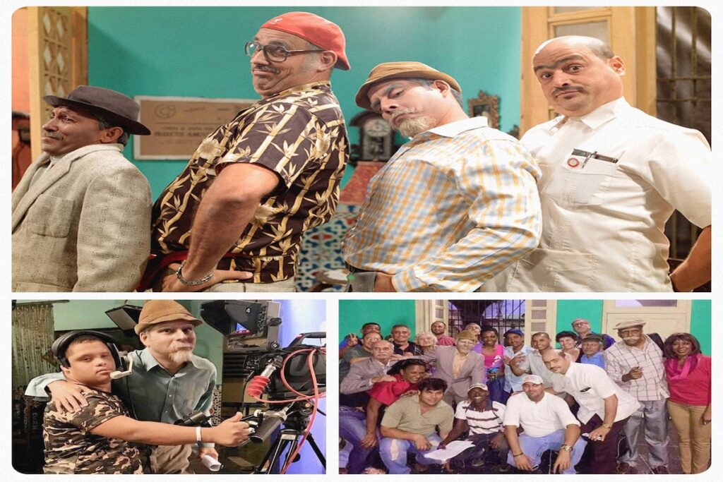 Actores posando en divertidas escenas de grabación