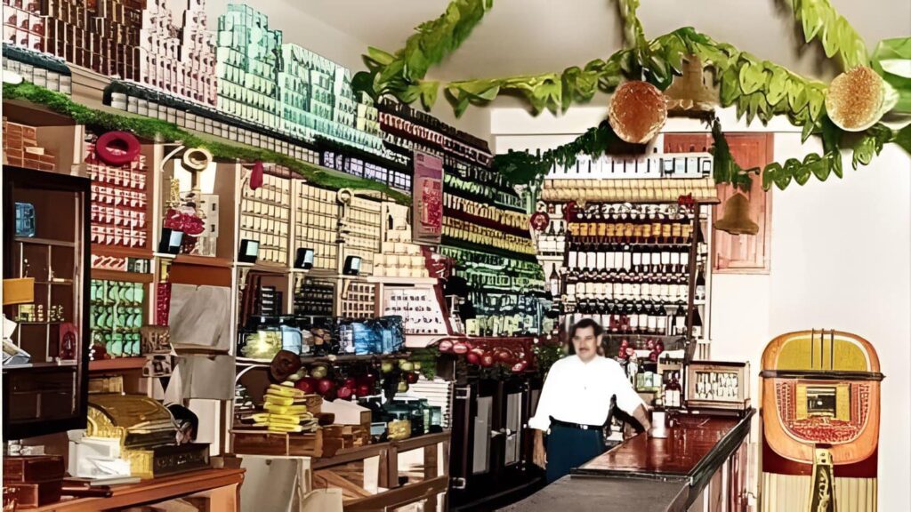 Interior de tienda gourmet con empleado