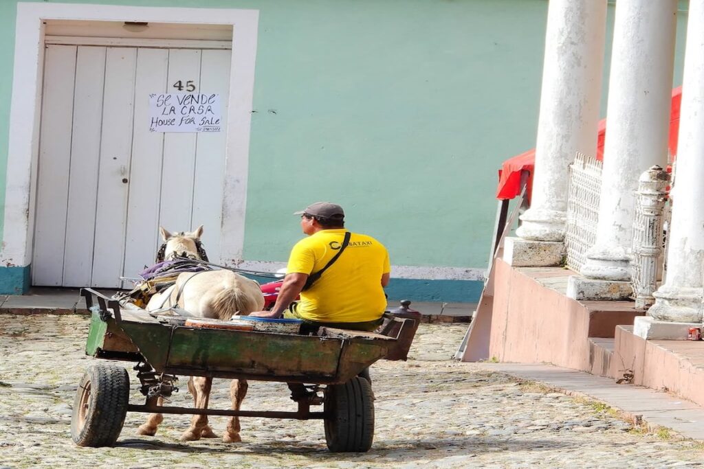Hombre con carro tirado por caballo cerca de casa en venta