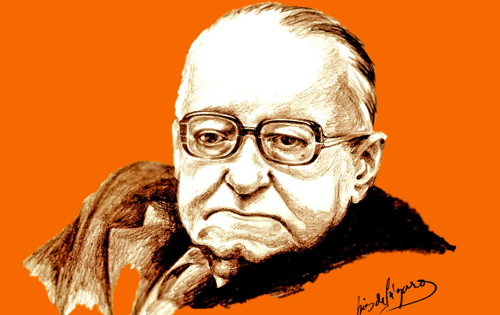 Retrato de hombre mayor con gafas, fondo naranja