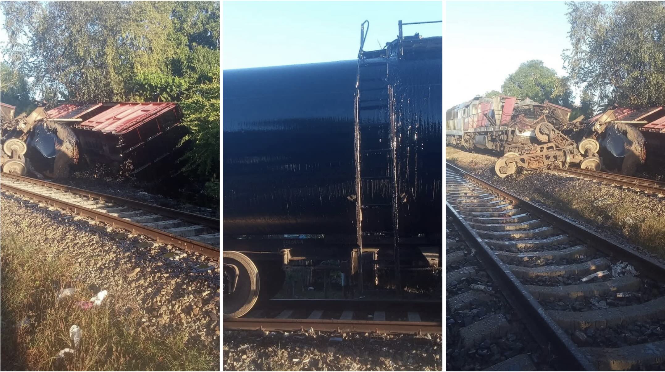 Vagones descarrilados en diferentes posiciones en vías