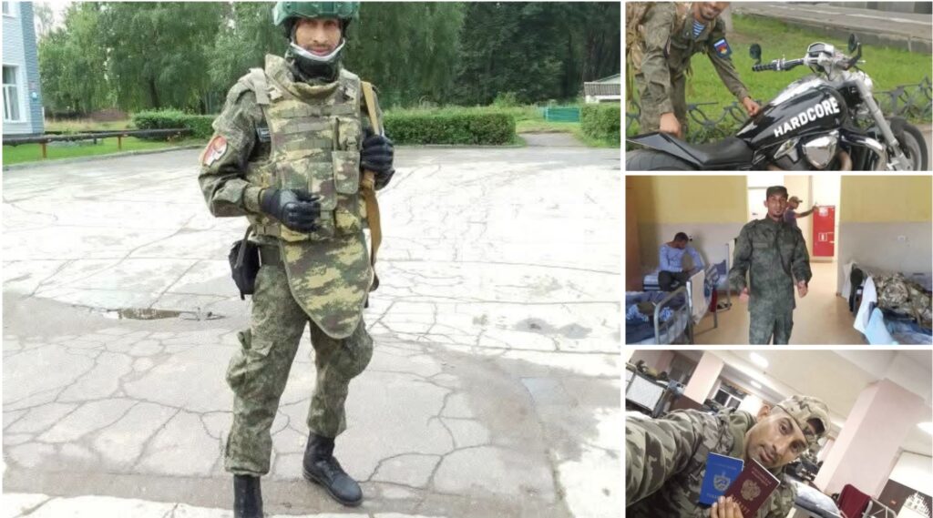 Soldados en actividades variadas, uno con moto