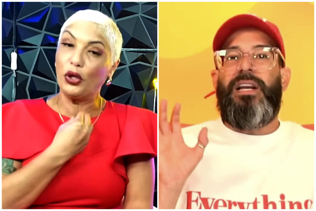 Mujer y hombre hablando en fondos coloridos