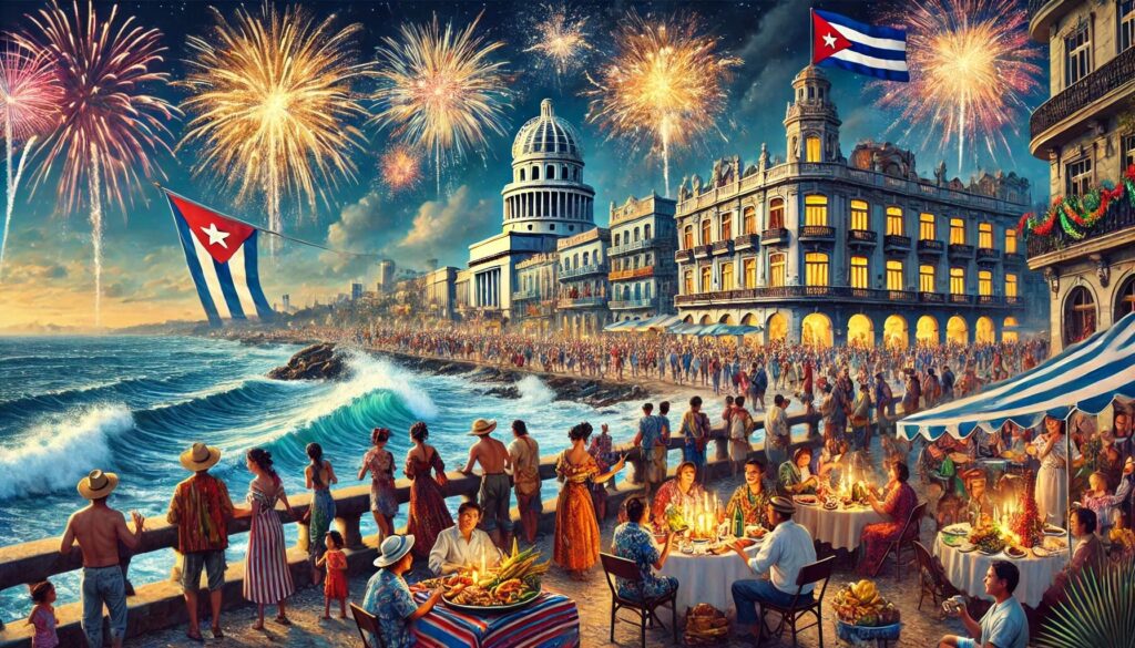 Celebración vibrante con fuegos artificiales en La Habana