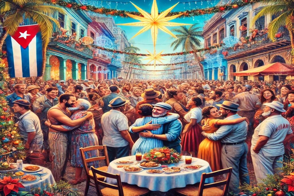 Celebración festiva en calle cubana decorada con bandera