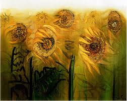 Pintura abstracta de girasoles en tonos verdes y amarillos
