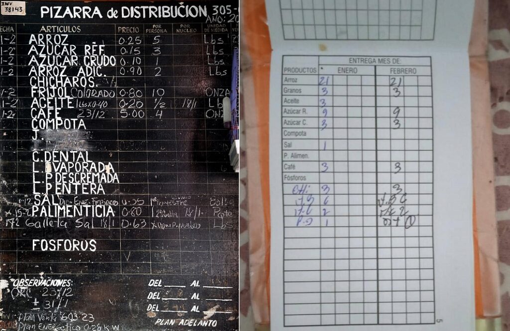 Pizarras con listas de distribución y entrega de alimentos