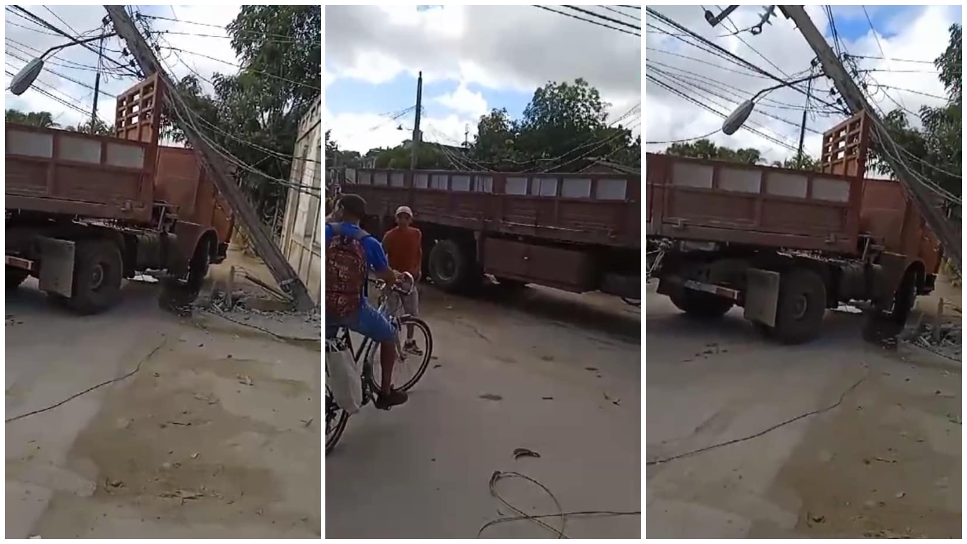 Camión volcado dañando poste y cables eléctricos