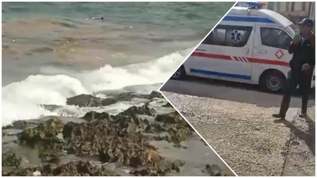 Mar agitado y ambulancia con guardia en playa