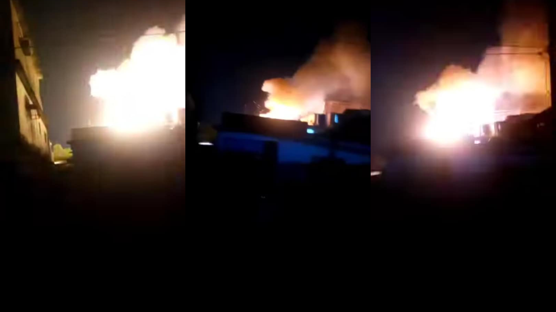 Incendio grande en edificio durante la noche