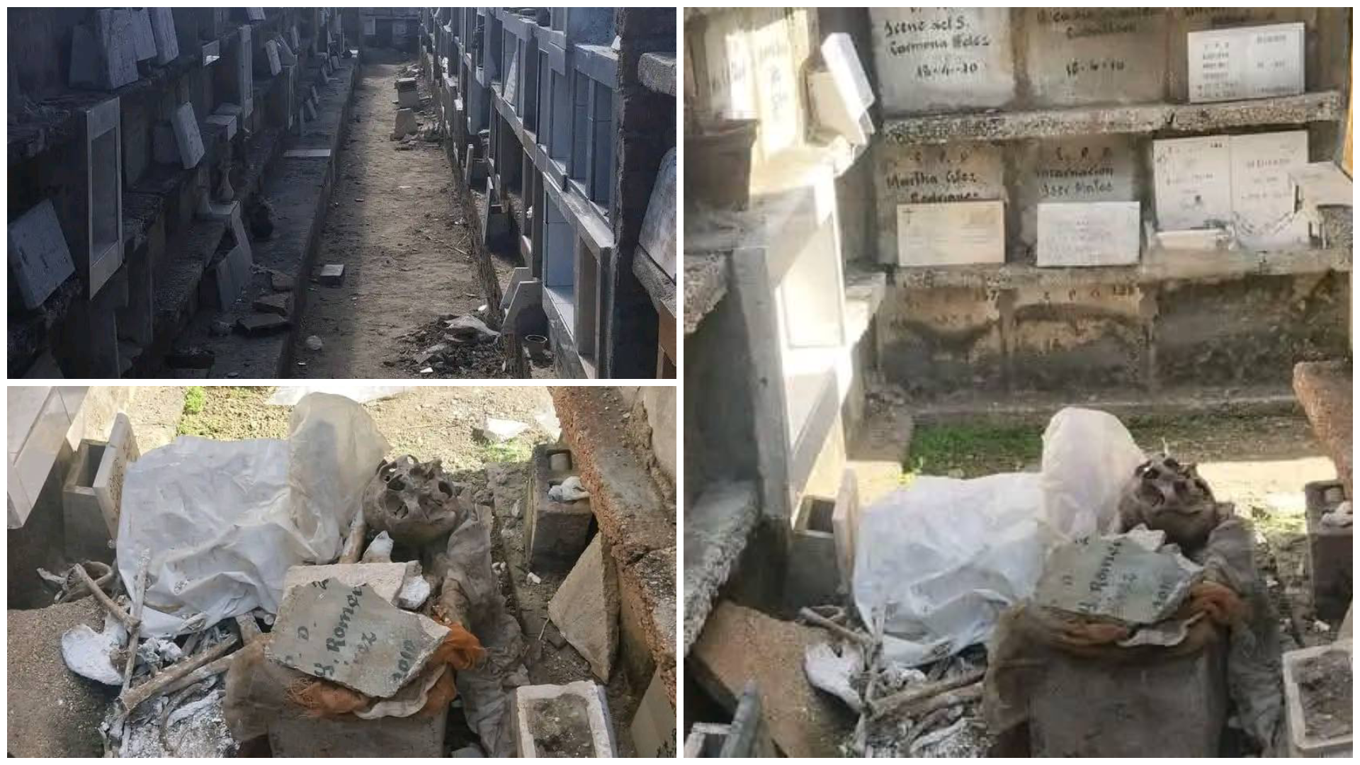 Cementerio descuidado con tumbas dañadas y escombros