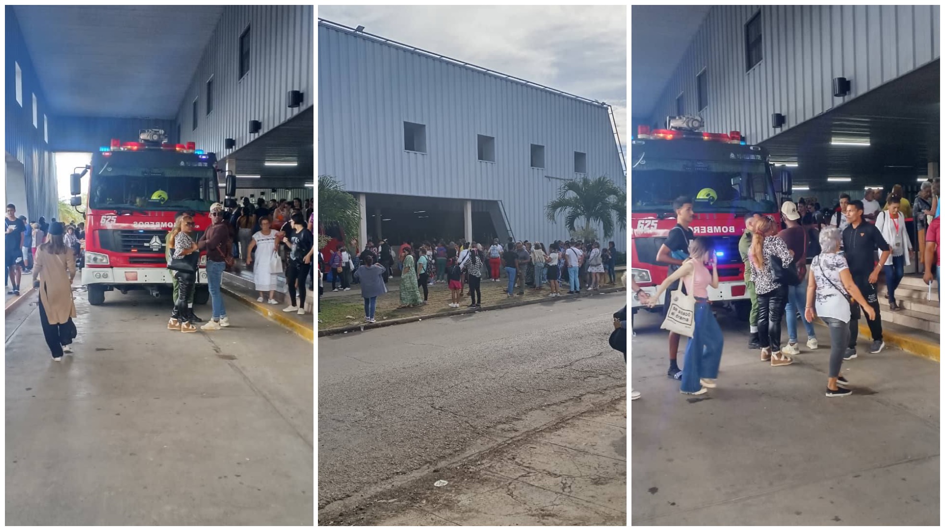 Personas evacuando edificio con bomberos presentes