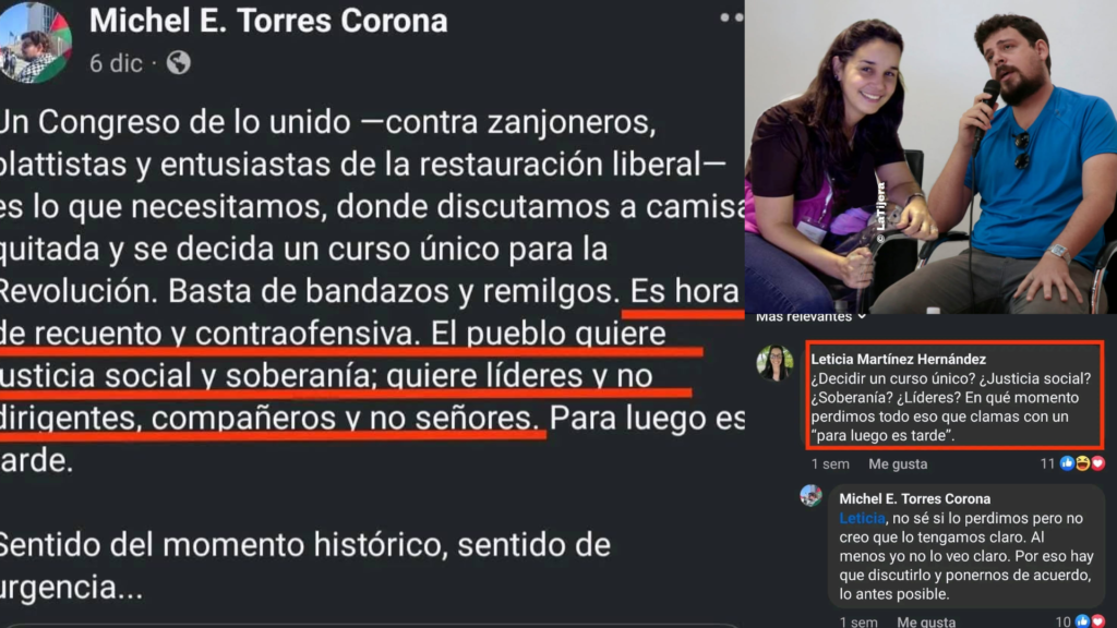 Imagen dividida: post de Facebook y entrevista a pareja