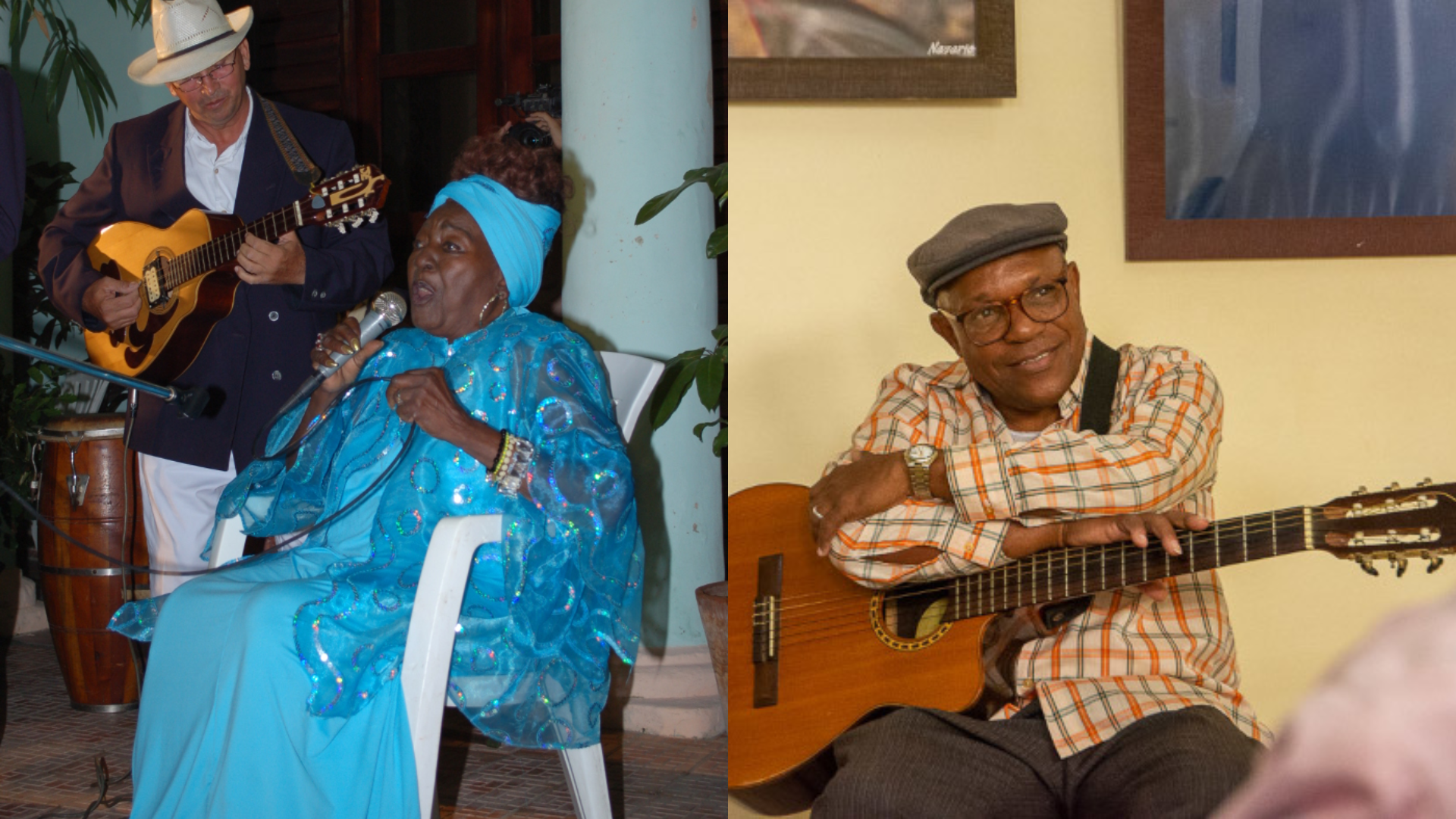 Concierto de músicos, mujer cantando y hombre con guitarra