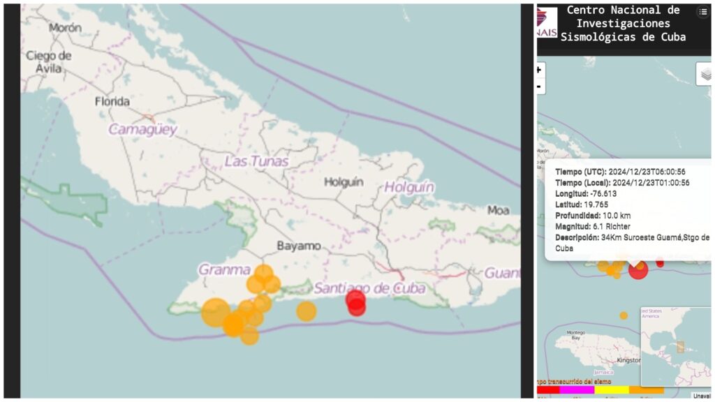 Mapa de sismos recientes en Cuba con detalles