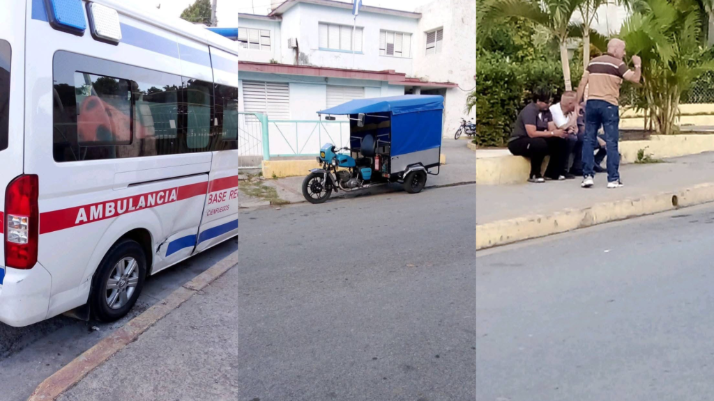 Ambulancia, triciclo motorizado, personas conversando