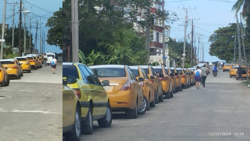 Calle tropical con fila de taxis amarillos