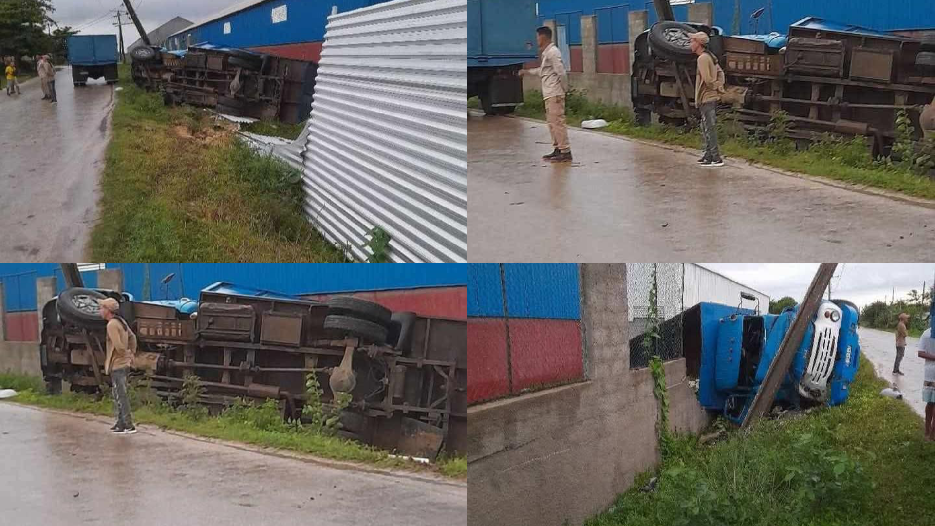 Camión volcado junto a carretera mojada