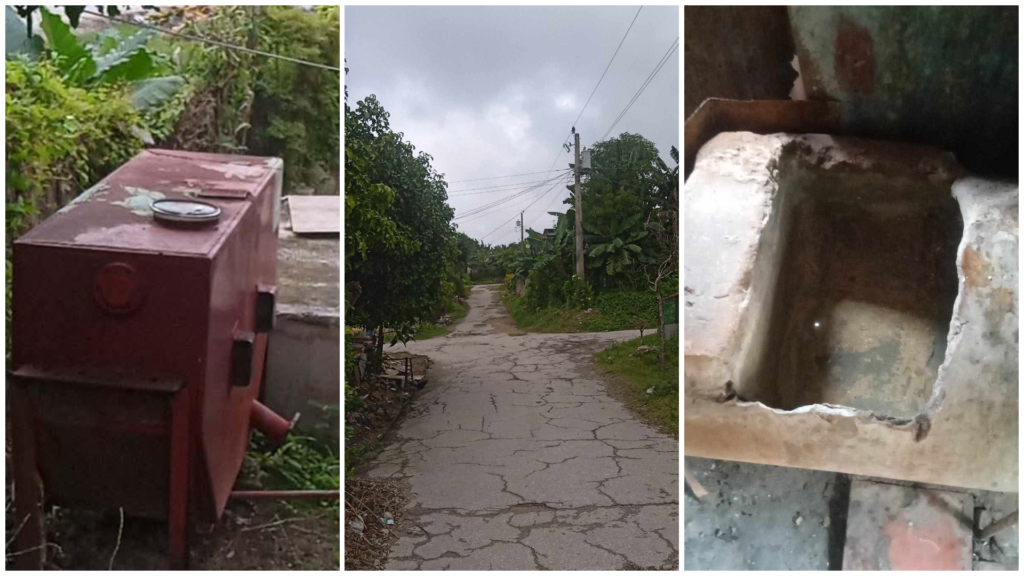 Estufa, camino rural y fogón deteriorado.