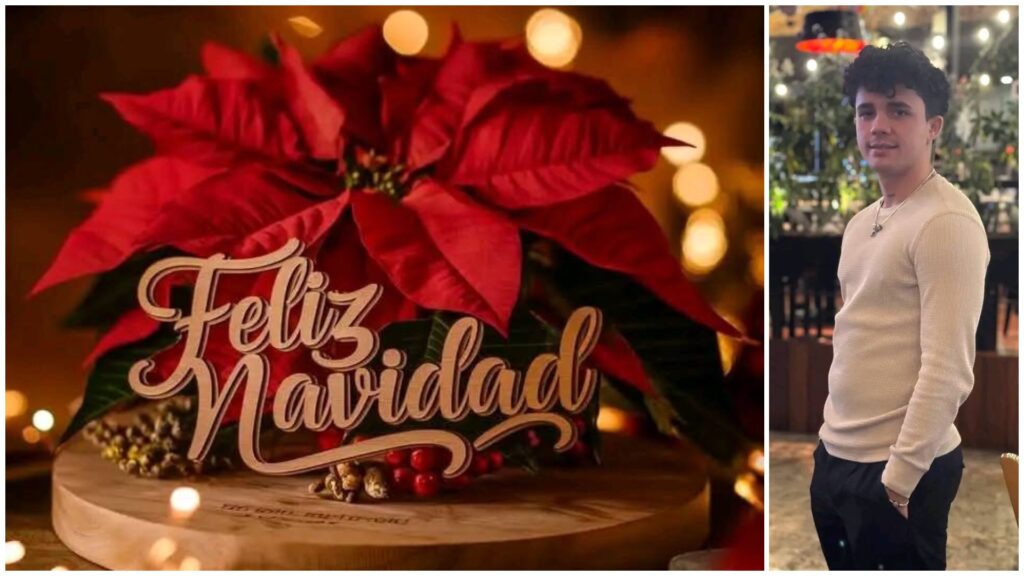 Decoración navideña y hombre en ambiente festivo