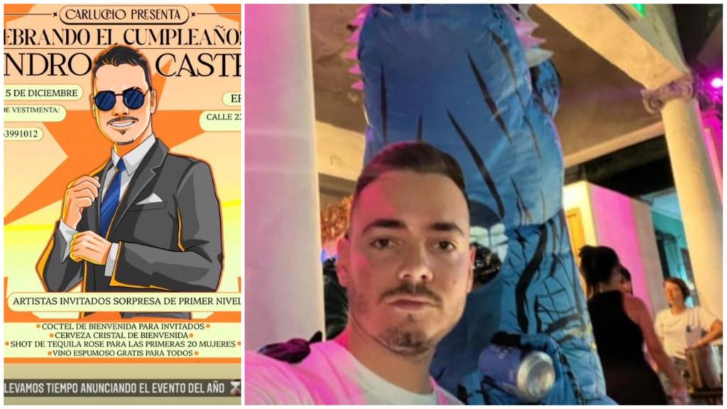 Cartel fiesta y hombre en evento social