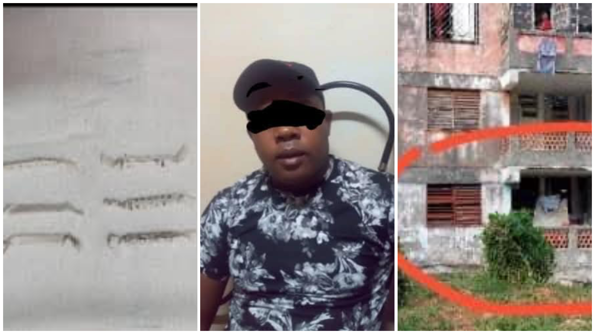 Collage de texto borroso, persona y edificio deteriorado